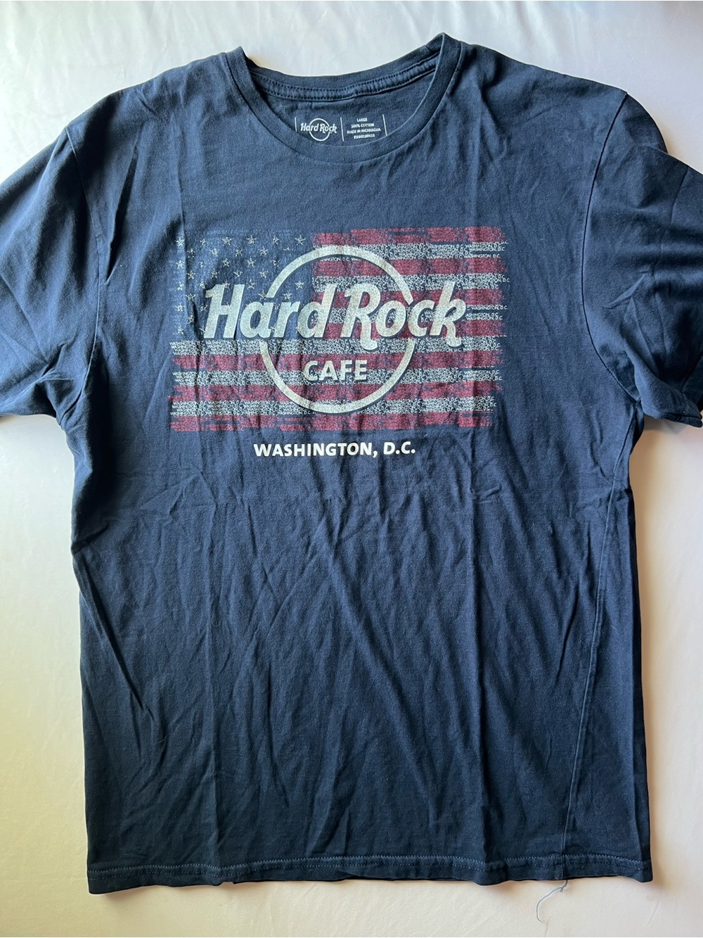 Hard Rock Cafe Navy Blue Tee with American Flag Graphic